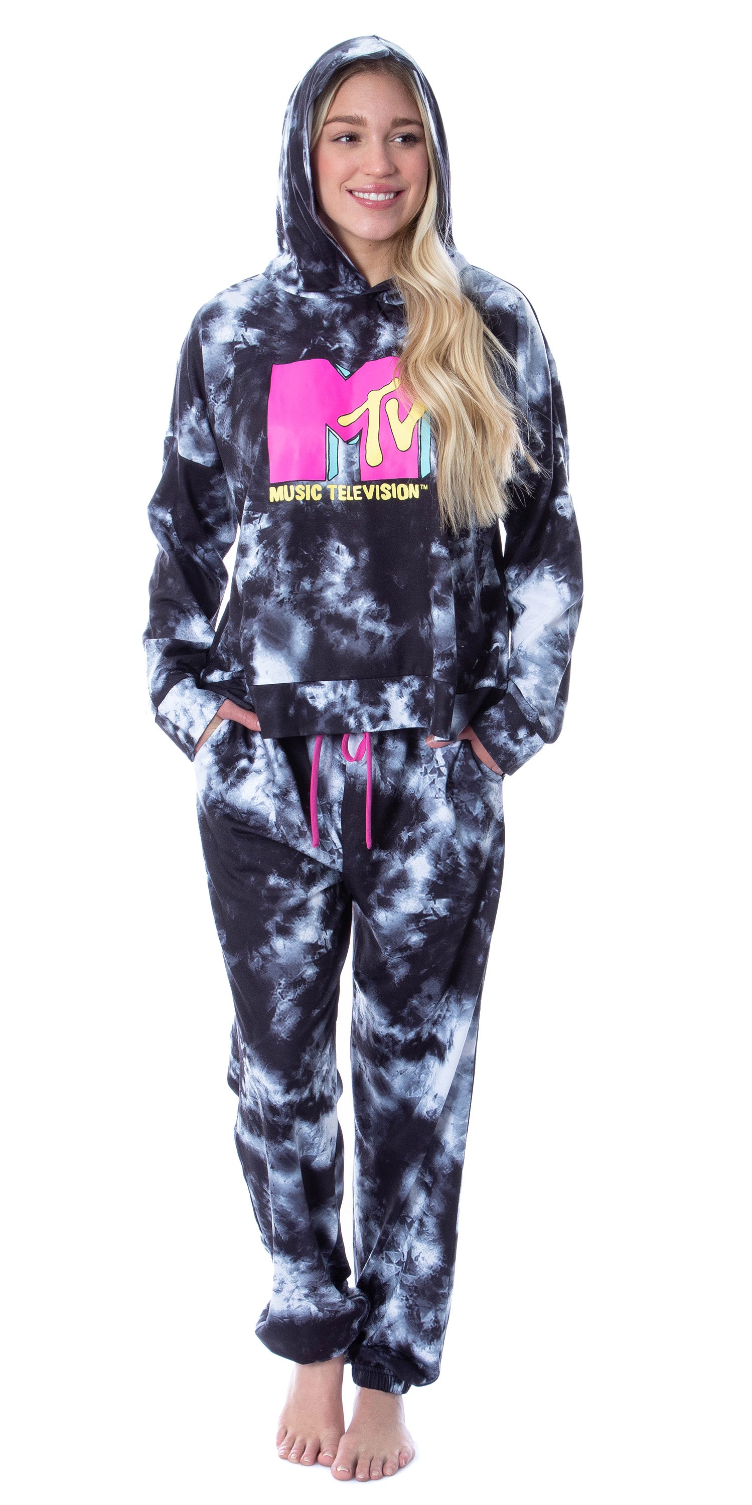 MTV Music Television Tie Dye Womens' Cropped Hooded Pajama Jogger Set