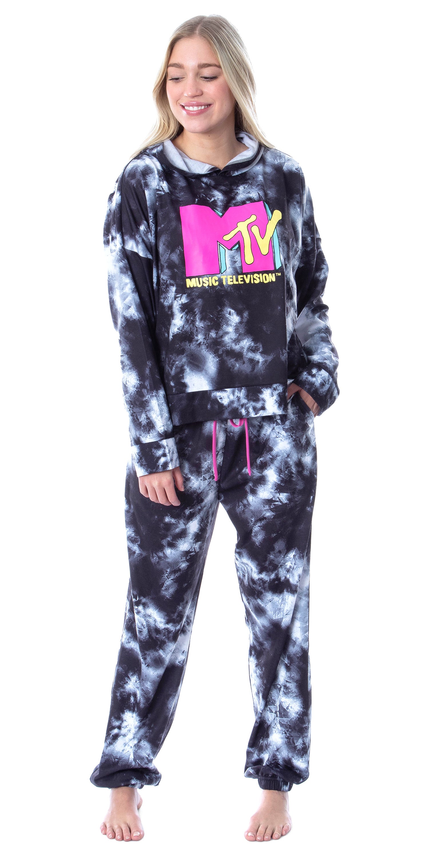 MTV Music Television Tie Dye Womens' Cropped Hooded Pajama Jogger Set
