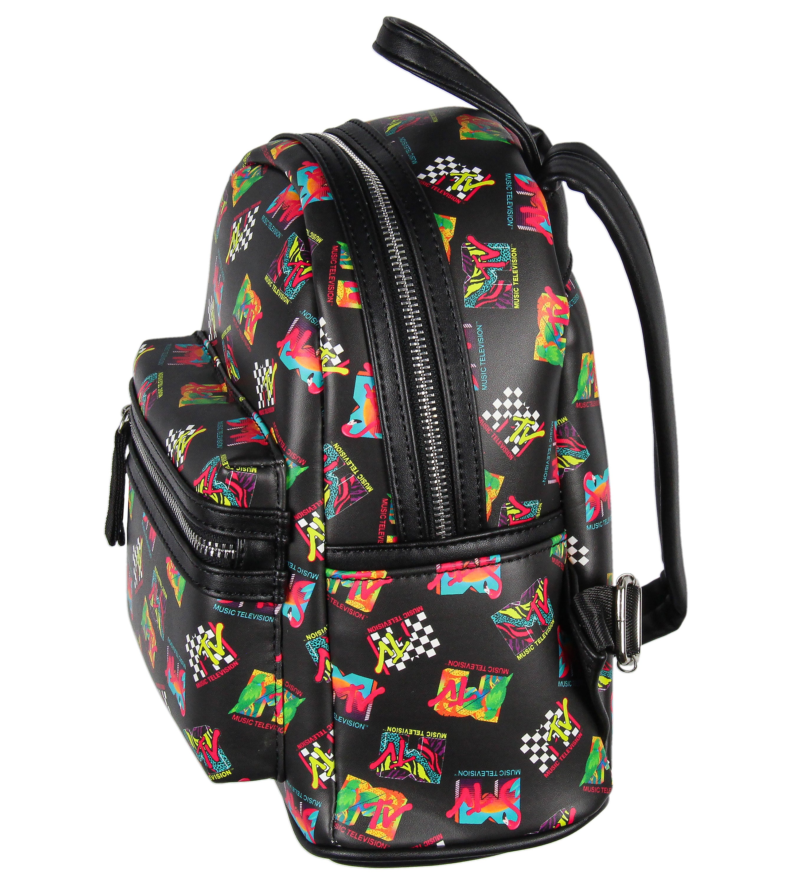 MTV Music Television '80s Logo Tossed Print Zippered Mini Small Backpack Bag