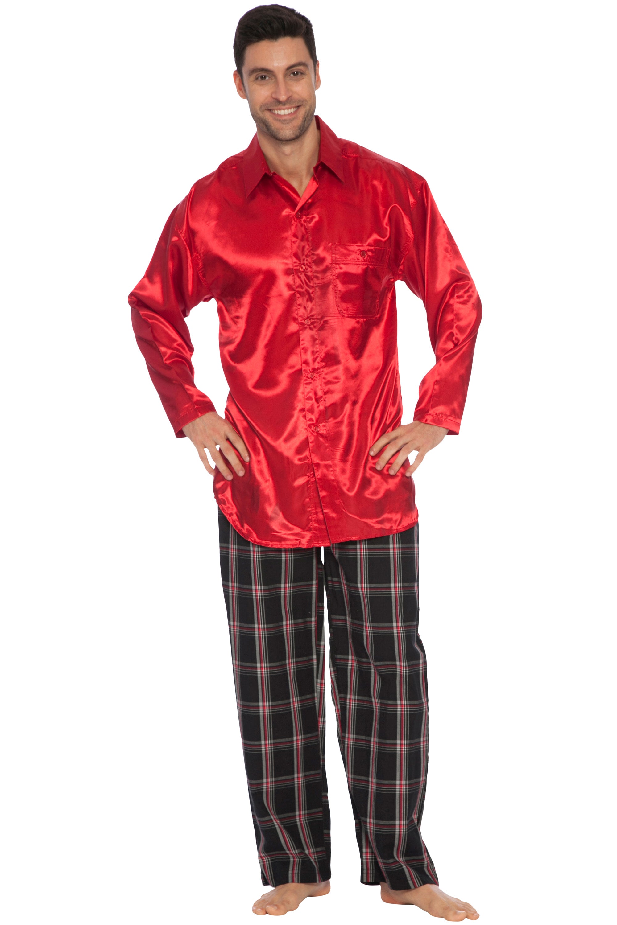 Intimo Mens Classic Satin Long Sleeve One Pocket Pajama Top