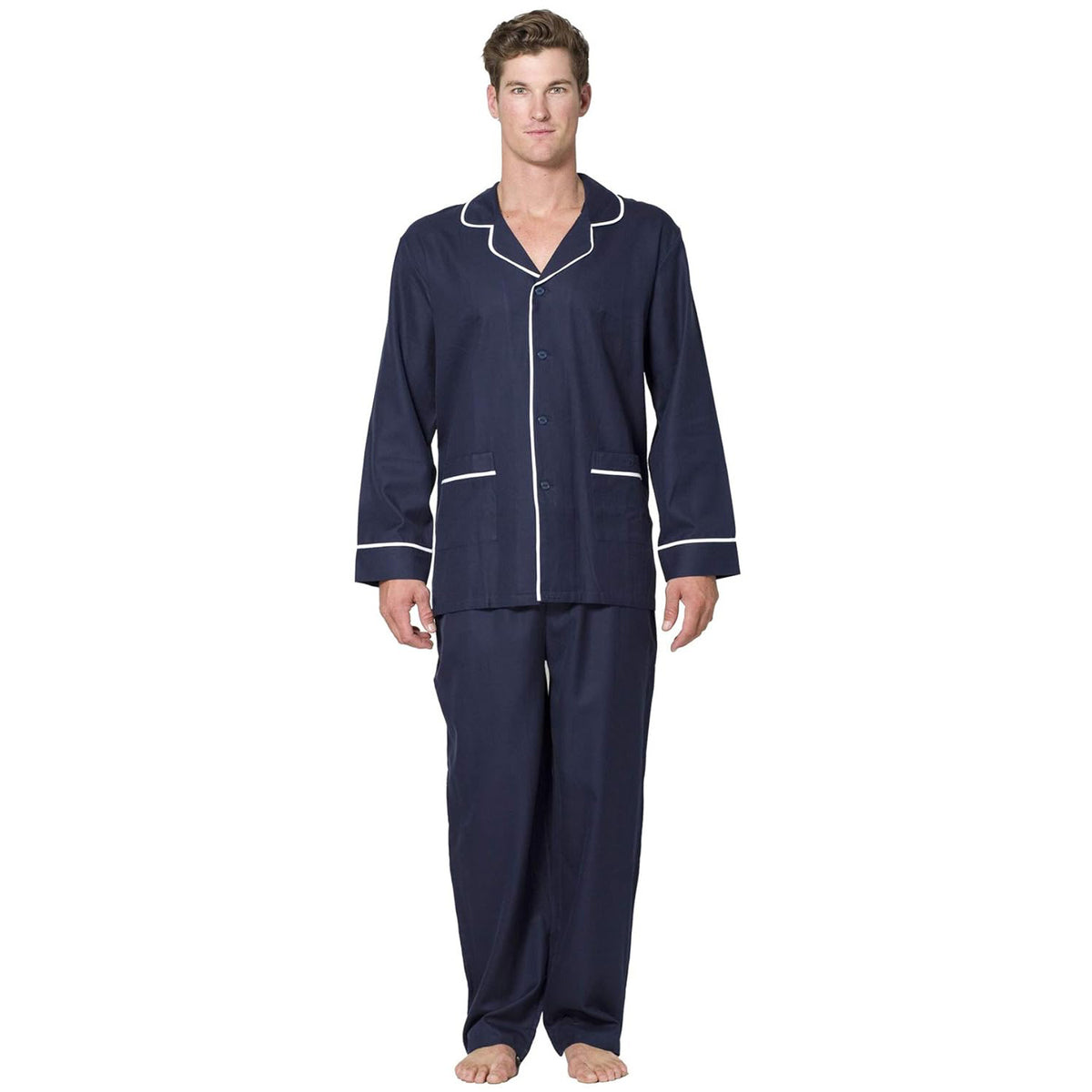 Intimo Mens Herringbone Long Pajama Set with Piping