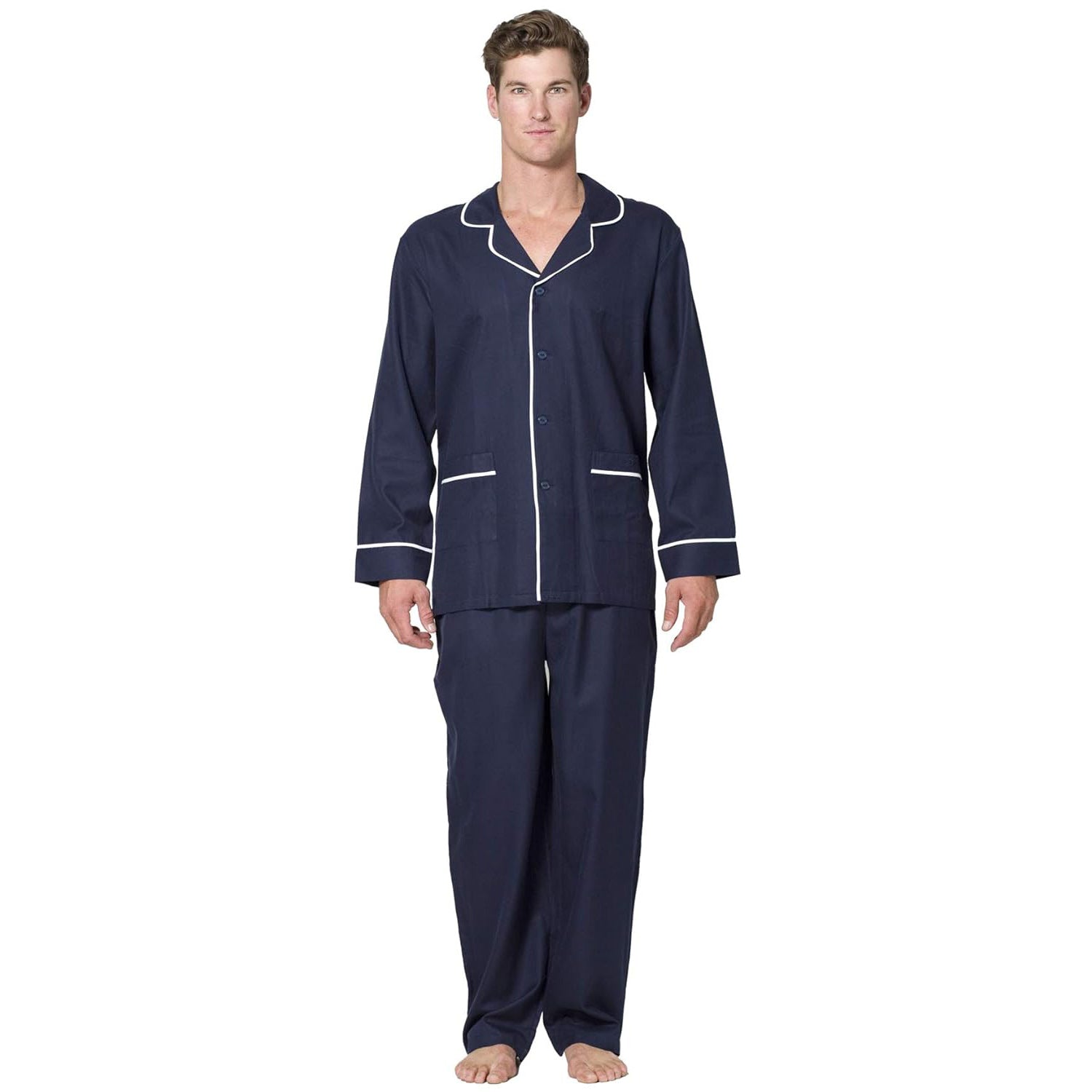 Intimo Mens Herringbone Long Pajama Set with Piping