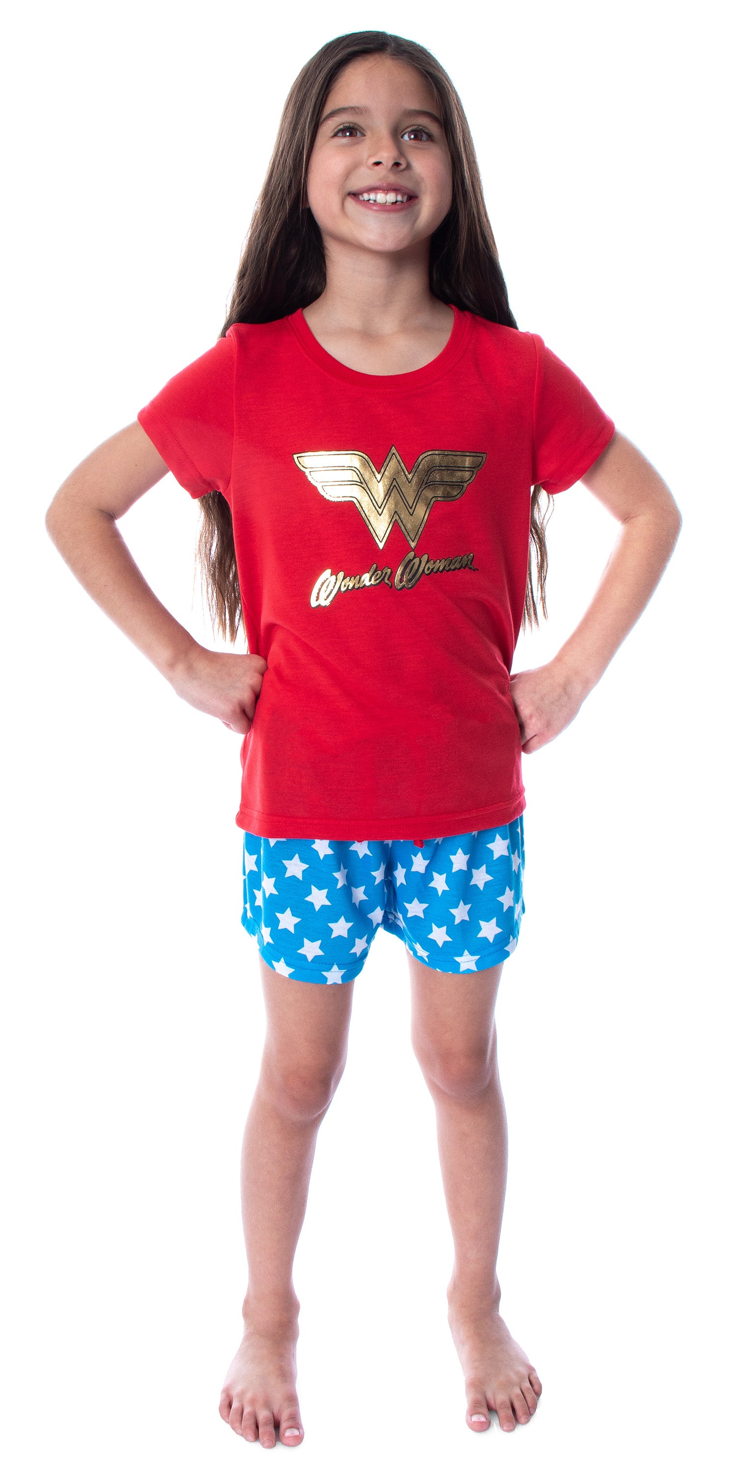 DC Comics Girls' Wonder Woman Gold Foil Logo Shirt and Shorts Pajama Set