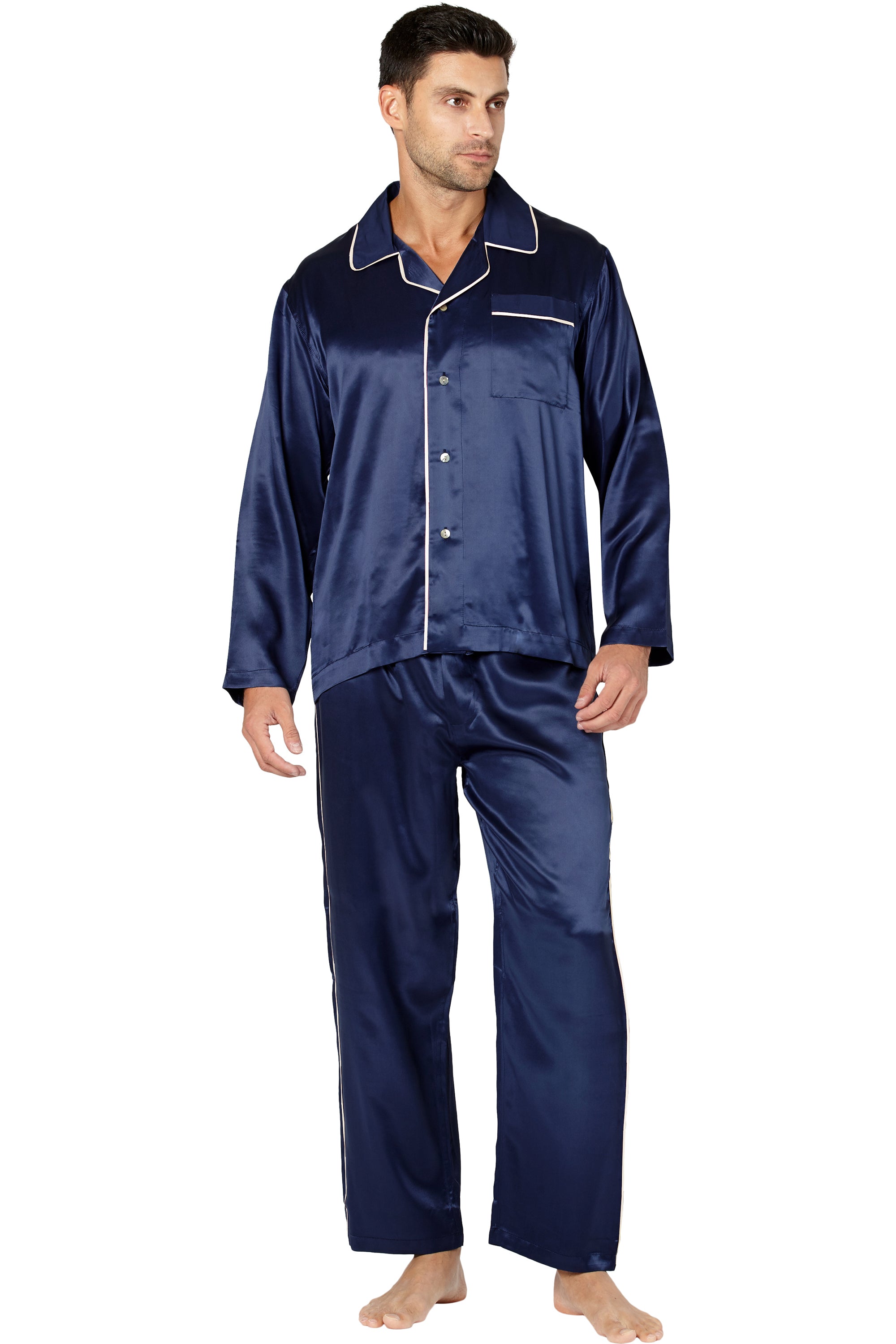 INTIMO Mens Big and Tall Silk Long Sleeve Pajama Set with Piping