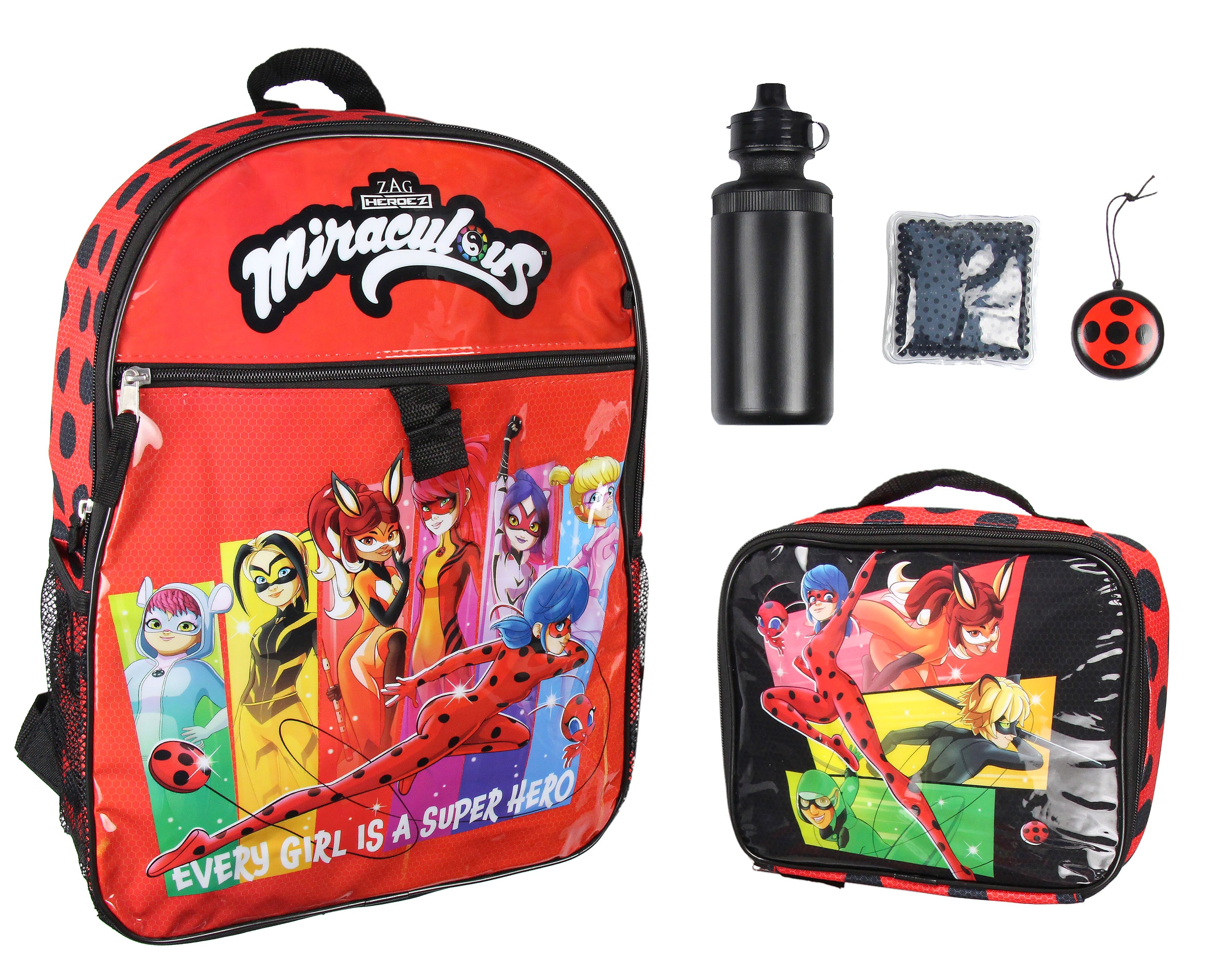 Miraculous Tales of Ladybug & Cat Noir 5 PC Backpack Icepack Water Bottle 16"