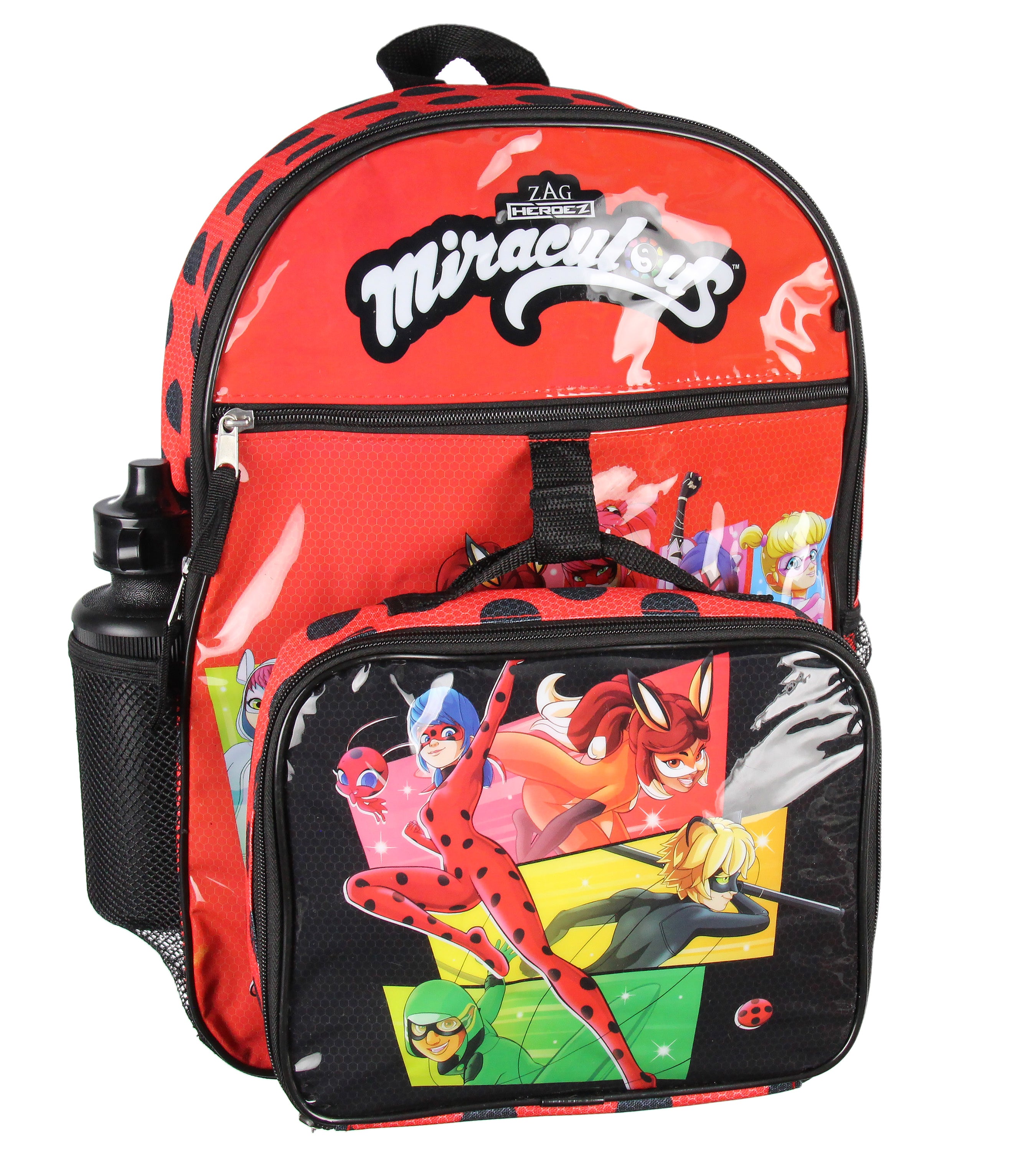 Miraculous Tales of Ladybug & Cat Noir 5 PC Backpack Icepack Water Bottle 16"
