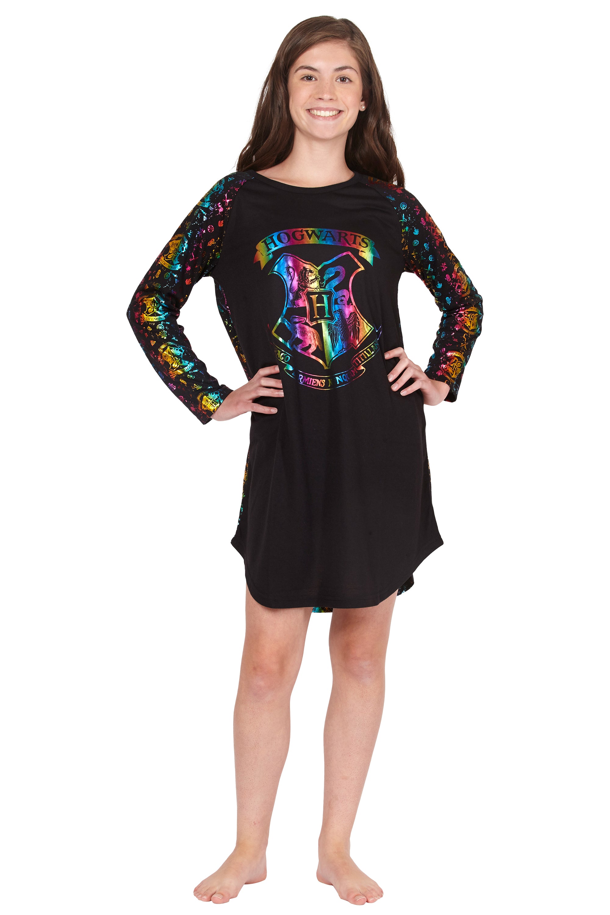 Harry Potter Girls Hogwarts Rainbow Hologram Raglan Nightgown Pajama
