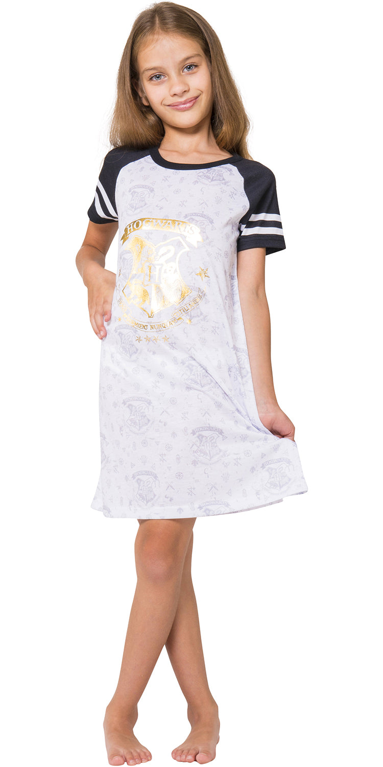 Harry Potter Pajama Hogwarts Gold Crest Short Sleeve Raglan Nightgown