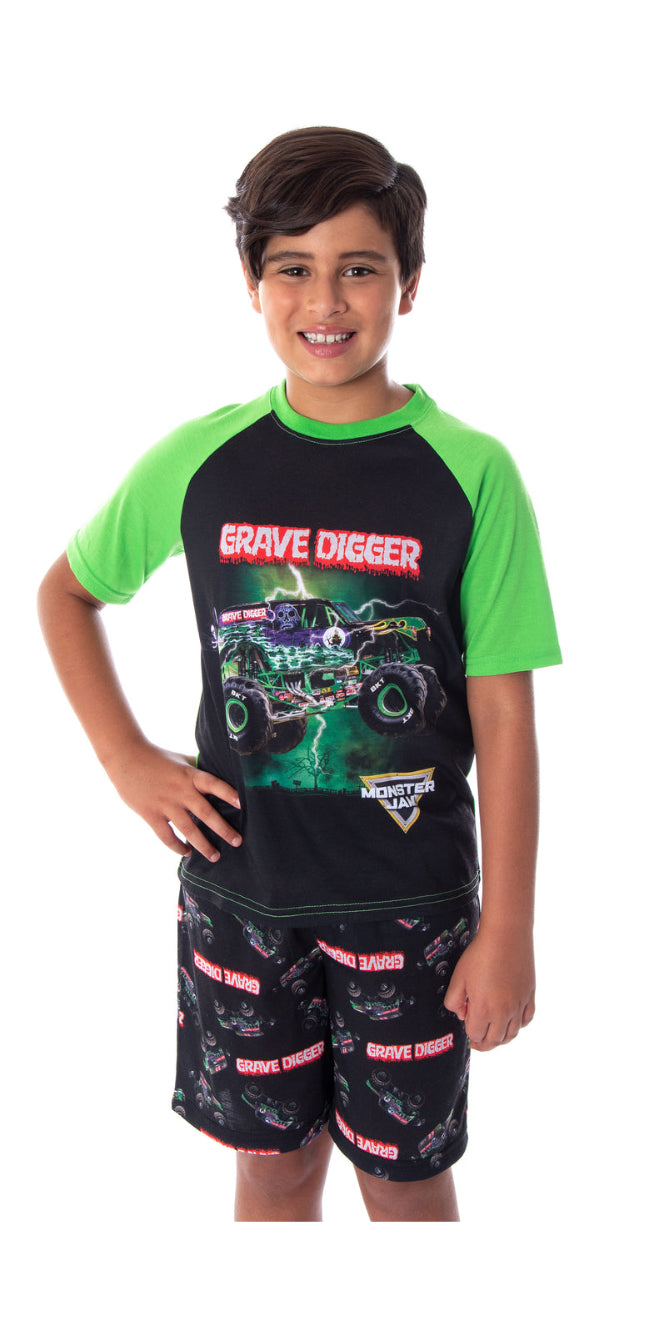 Monster Jam Boys' Grave Digger Monster Truck Shirt And Shorts Pajama Set