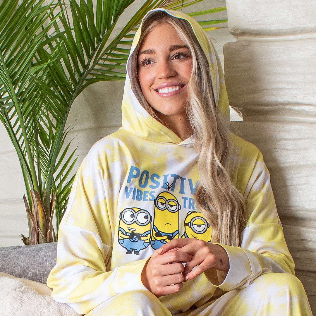 Minions Positive Vibes Tie Dye Womens' Pajama Cropped Hooded Jogger Set