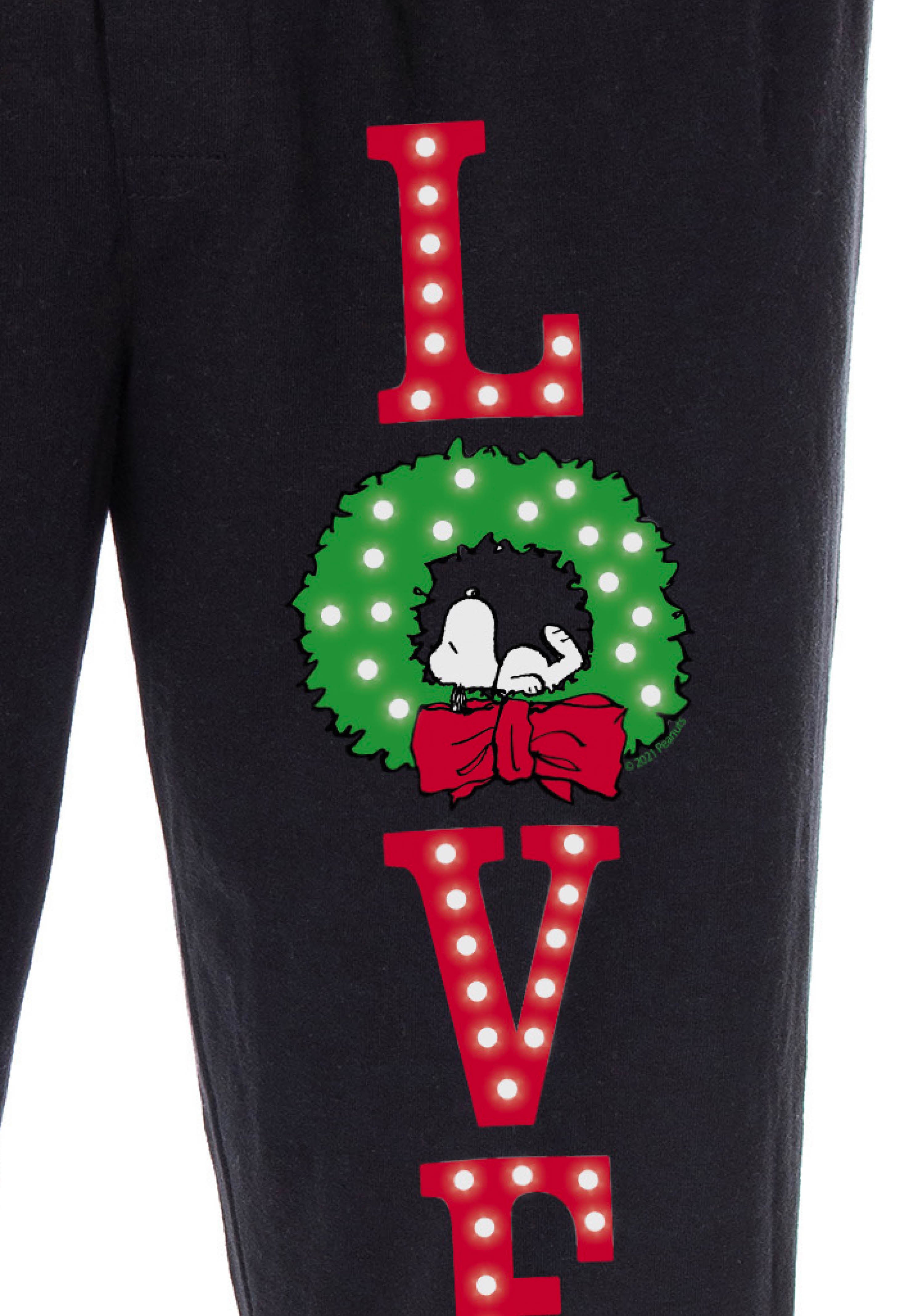 Peanuts Snoopy Pajama Pants LOVE Christmas Wreath Loungewear Sleep Pants