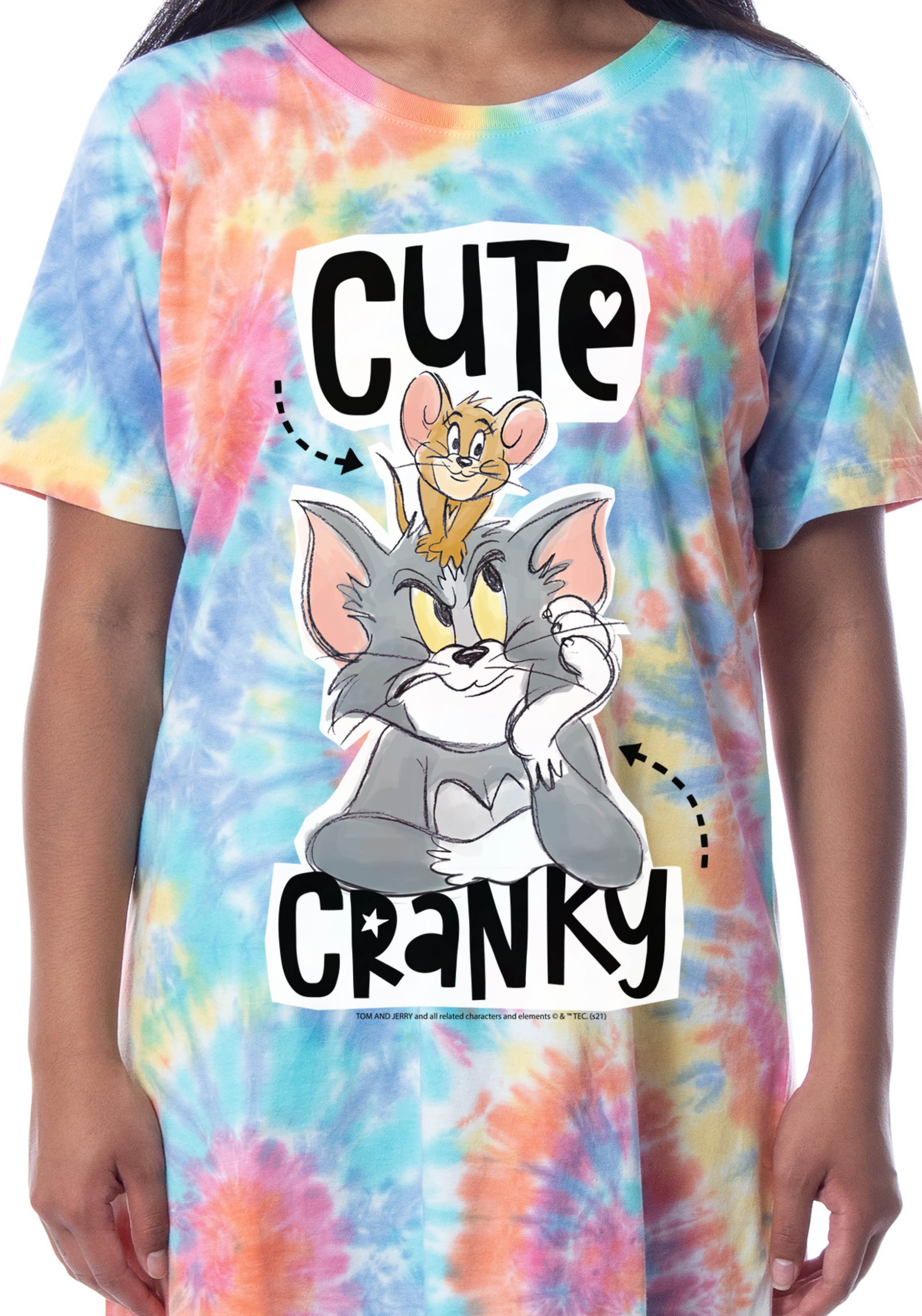 Tom And Jerry Womens' Cute Cranky Tie-Dye Nightgown Sleep Pajama Shirt
