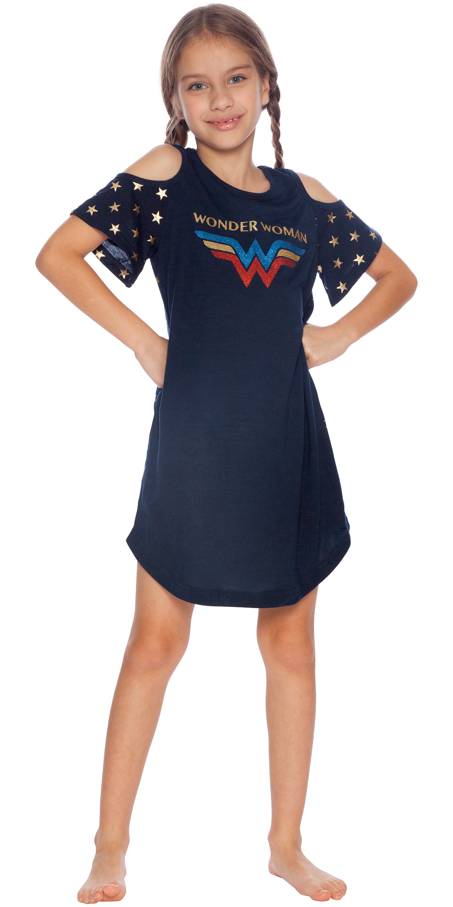 DC Comics Girls Little Wonder Woman Cold Shoulder Glitter Nightgown Pajama
