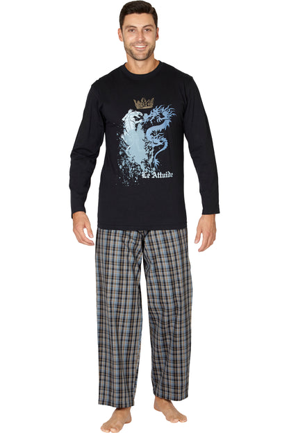Intimo Men's Woven Pant With Long Sleeve Screen Print T-Shirt Set