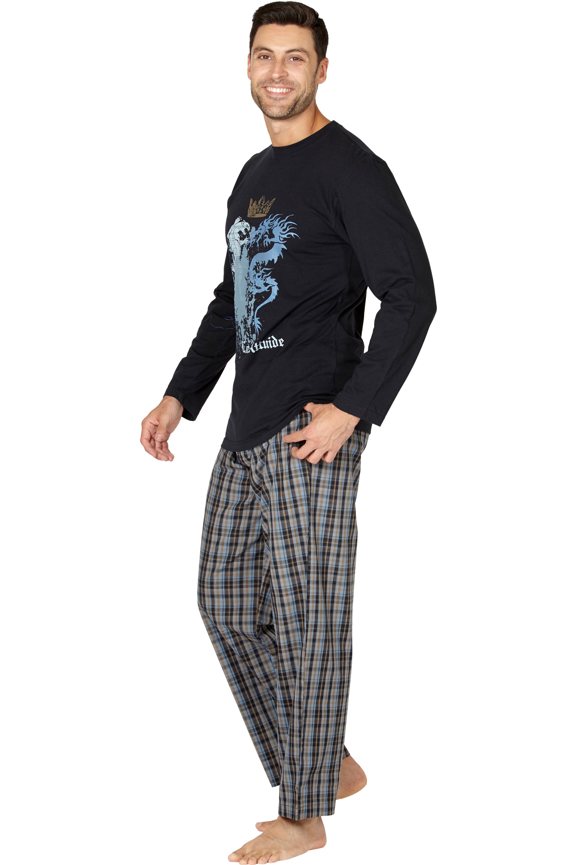 Intimo Men's Woven Pant With Long Sleeve Screen Print T-Shirt Set