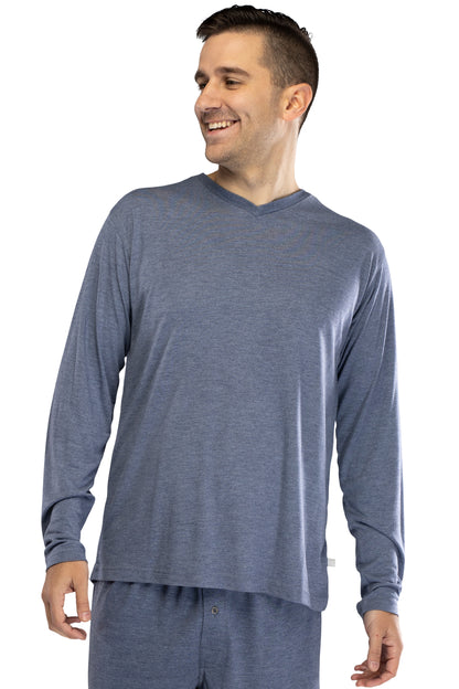 INTIMO Men's Knit Long Sleeve V-Neck Pajama Lounge Shirt