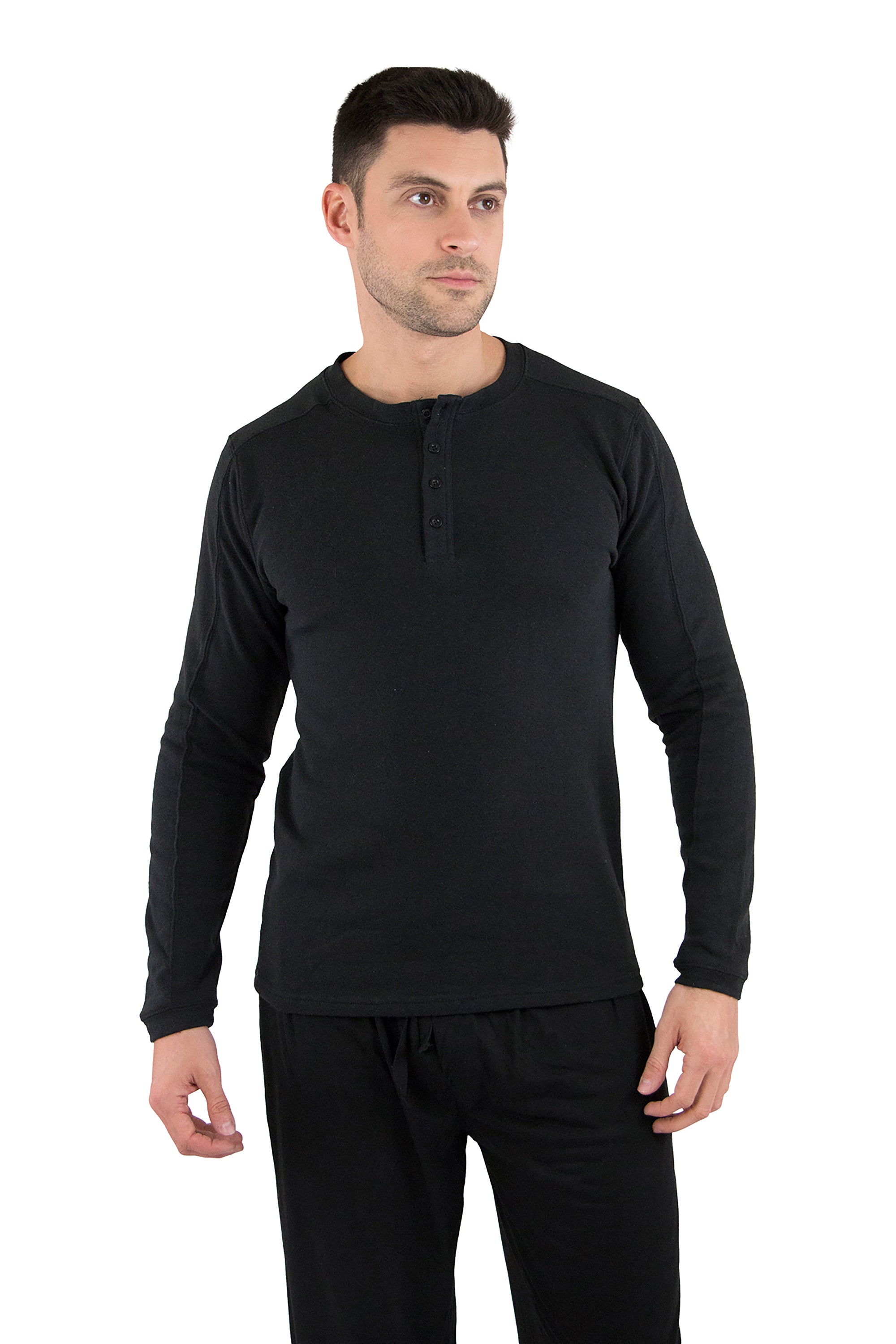 INTIMO Luxury Fleece Henley Black Long Sleeve Shirt