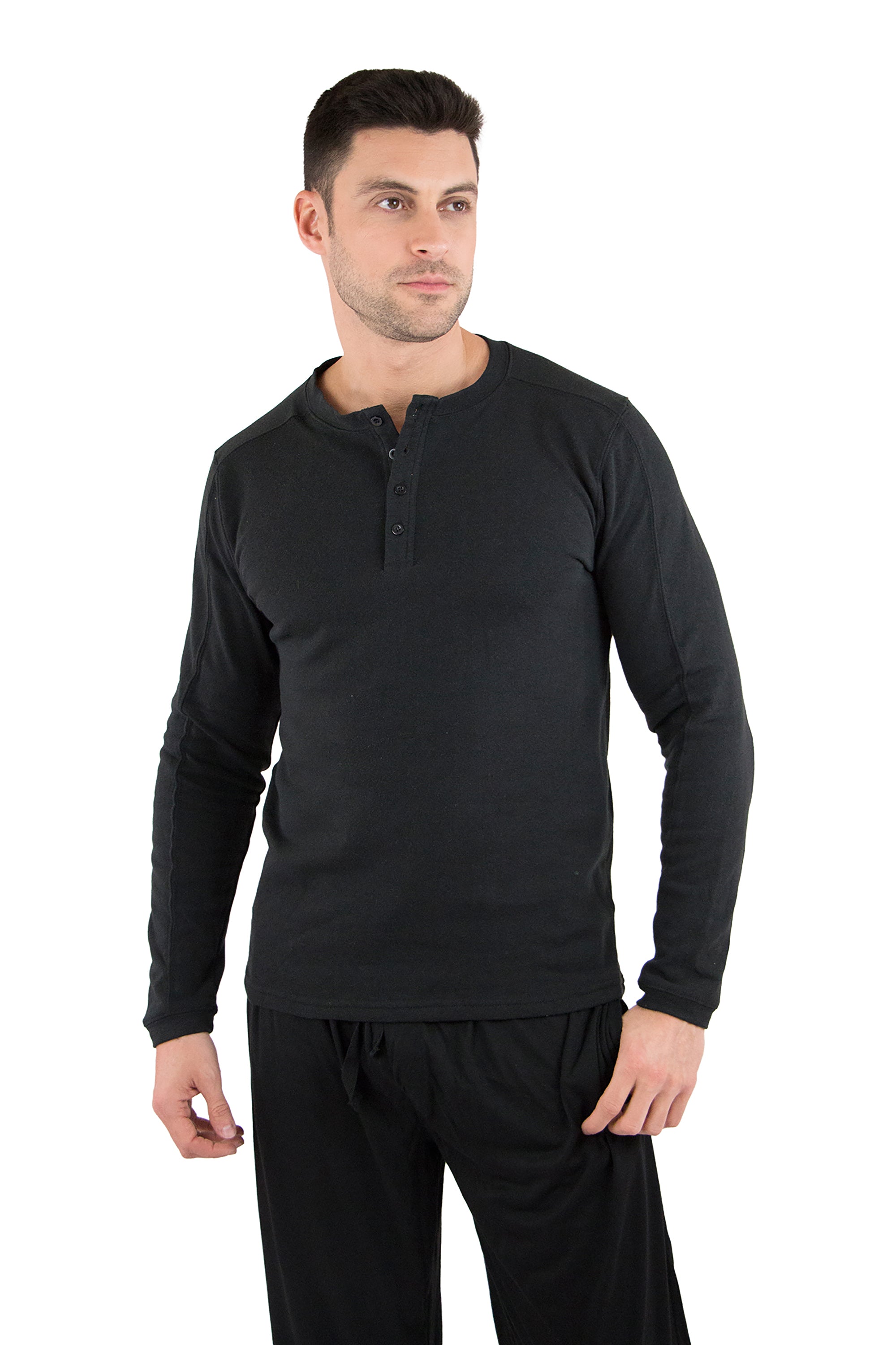 INTIMO Luxury Fleece Henley Black Long Sleeve Shirt