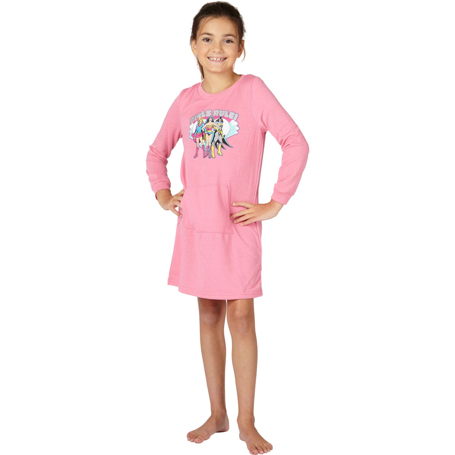 DC Comics Girls Rule Supergirl Batgirl Wonder Woman French Terry Nightgown with Front Pocket Loungewear Sleepwear