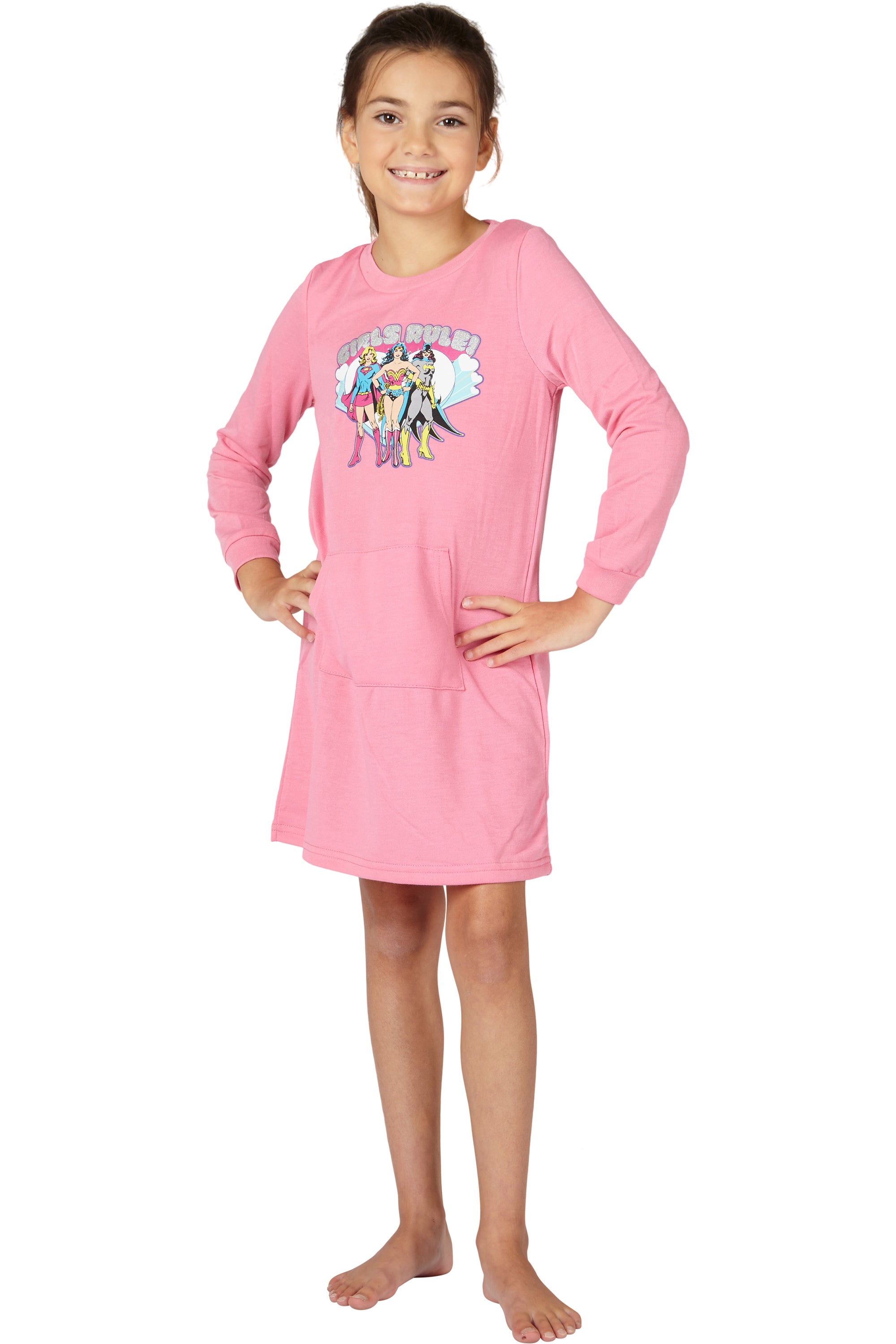 DC Comics Girls Rule Supergirl Batgirl Wonder Woman French Terry Nightgown with Front Pocket Loungewear Sleepwear