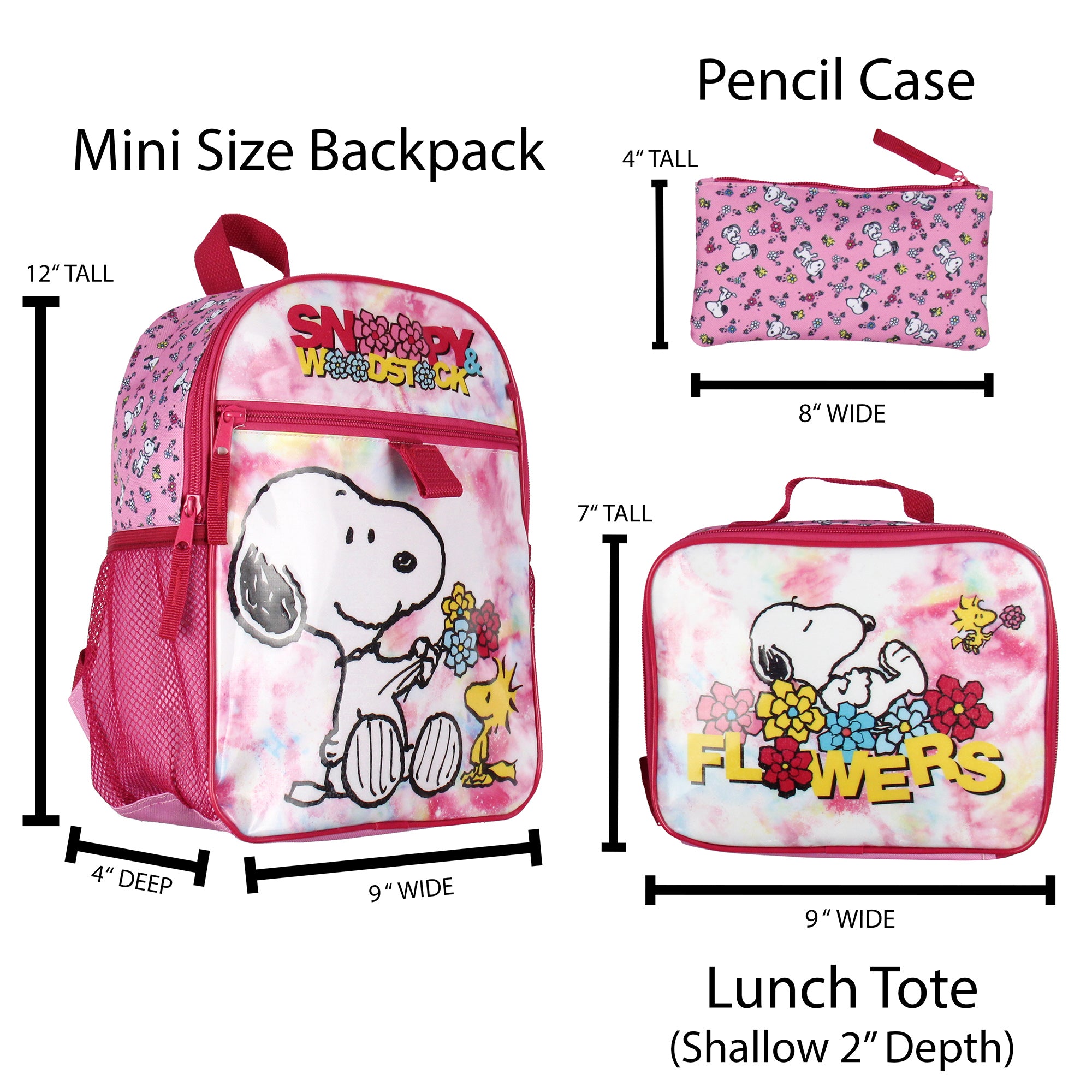 Peanuts Snoopy Woodstock Flower Character 3 PC 12" Mini Backpack Lunch box Pencil Pouch