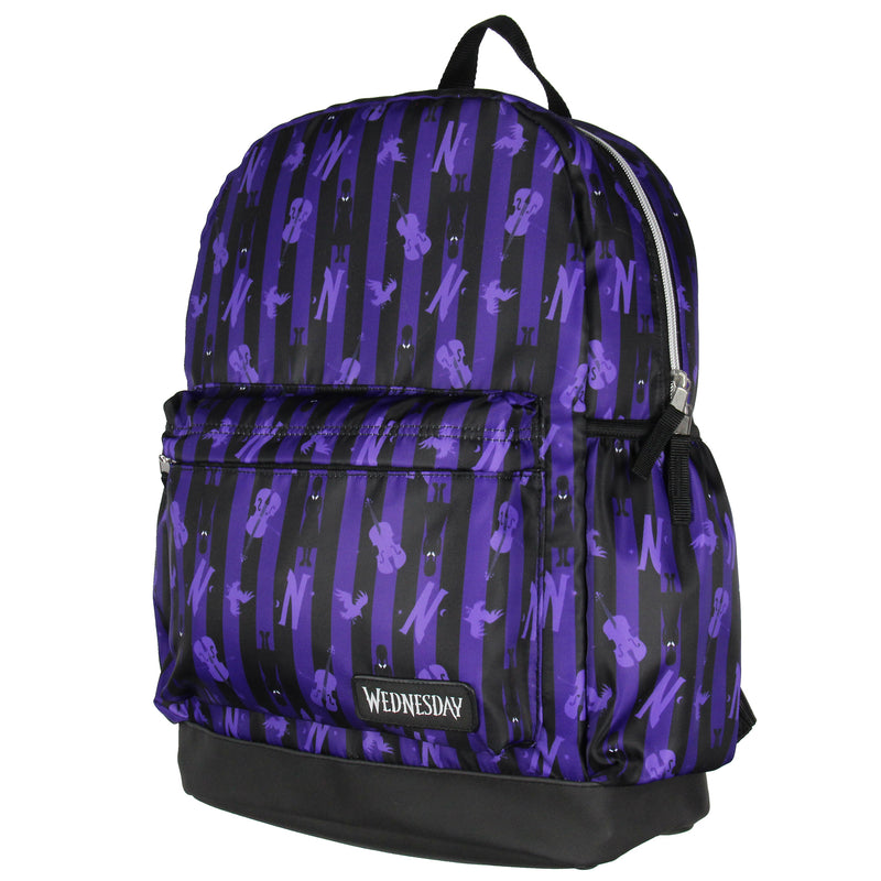 Wednesday Addams Nevermore Dress And Cello Print School Travel Backpack With Faux Leather Bottom