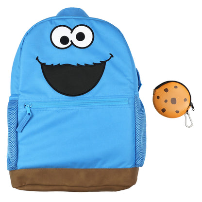 Sesame Street Backpack Cookie Monster 16" Book Bag with Keychain Cookie Pouch