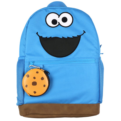 Sesame Street Backpack Cookie Monster 16" Book Bag with Keychain Cookie Pouch