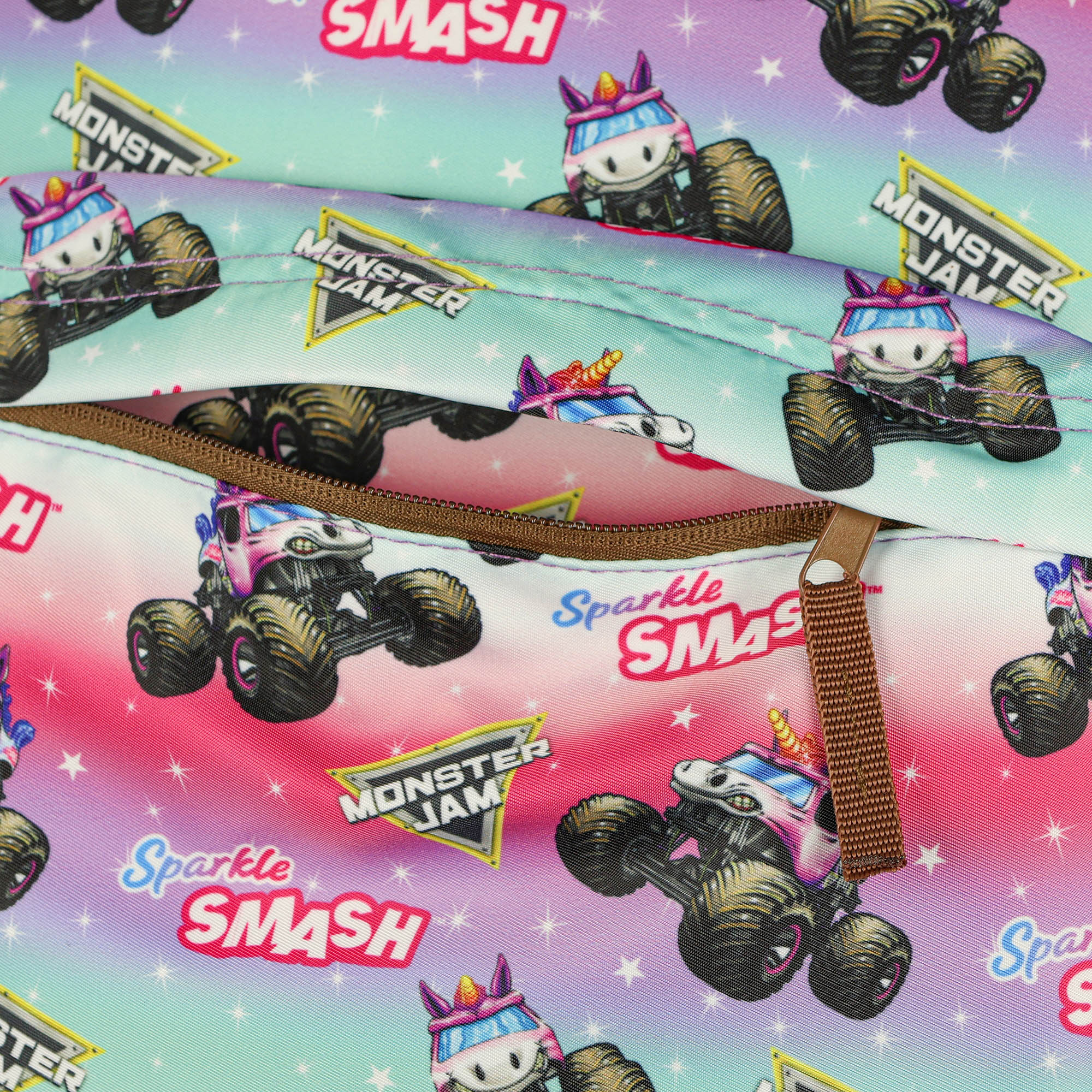 Monster Jam Backpack Sparkle Smash All Over Design 16" Book Bag School