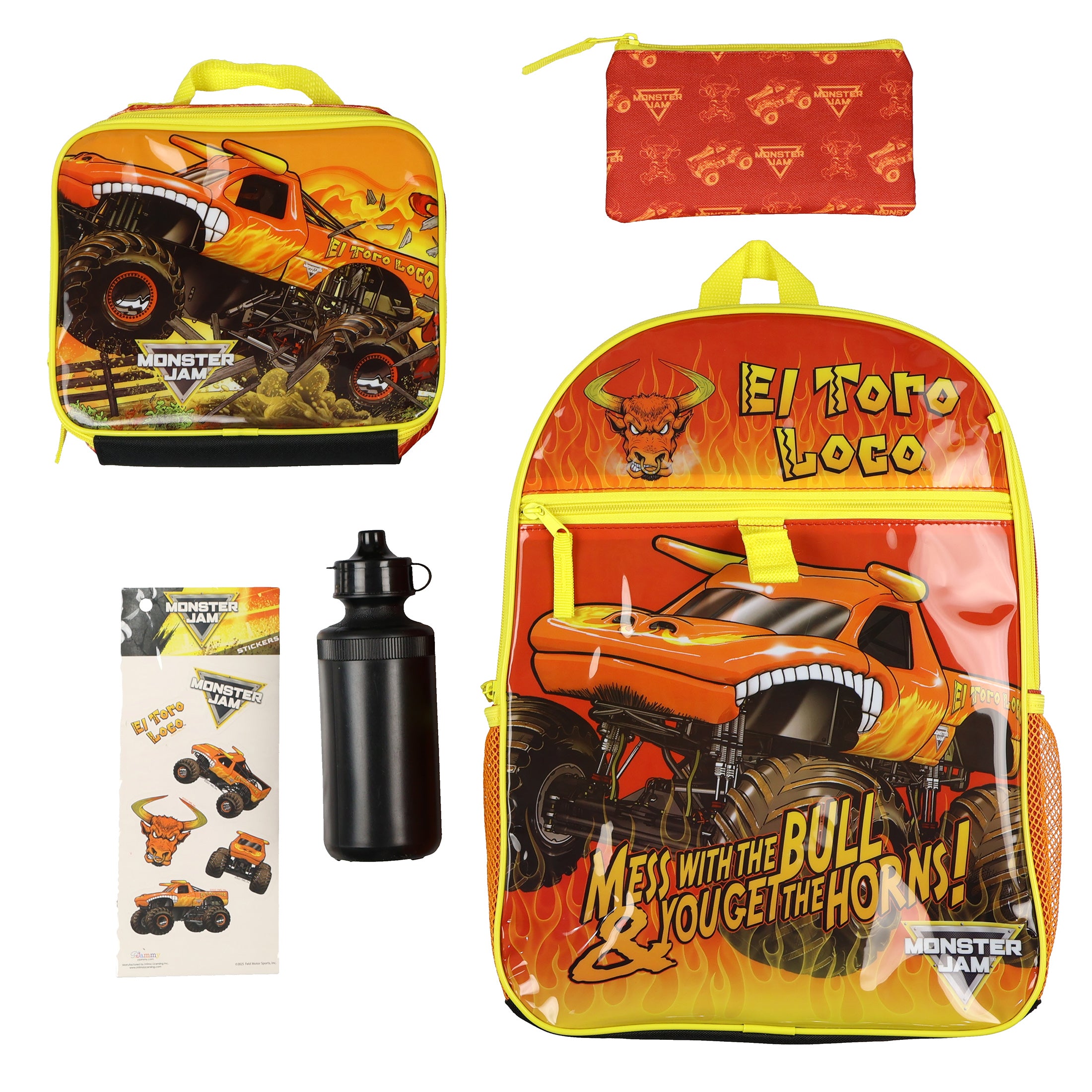 Monster Jam 16" Backpack El Toro Loco 5-Piece Set with Insulated Lunch Box