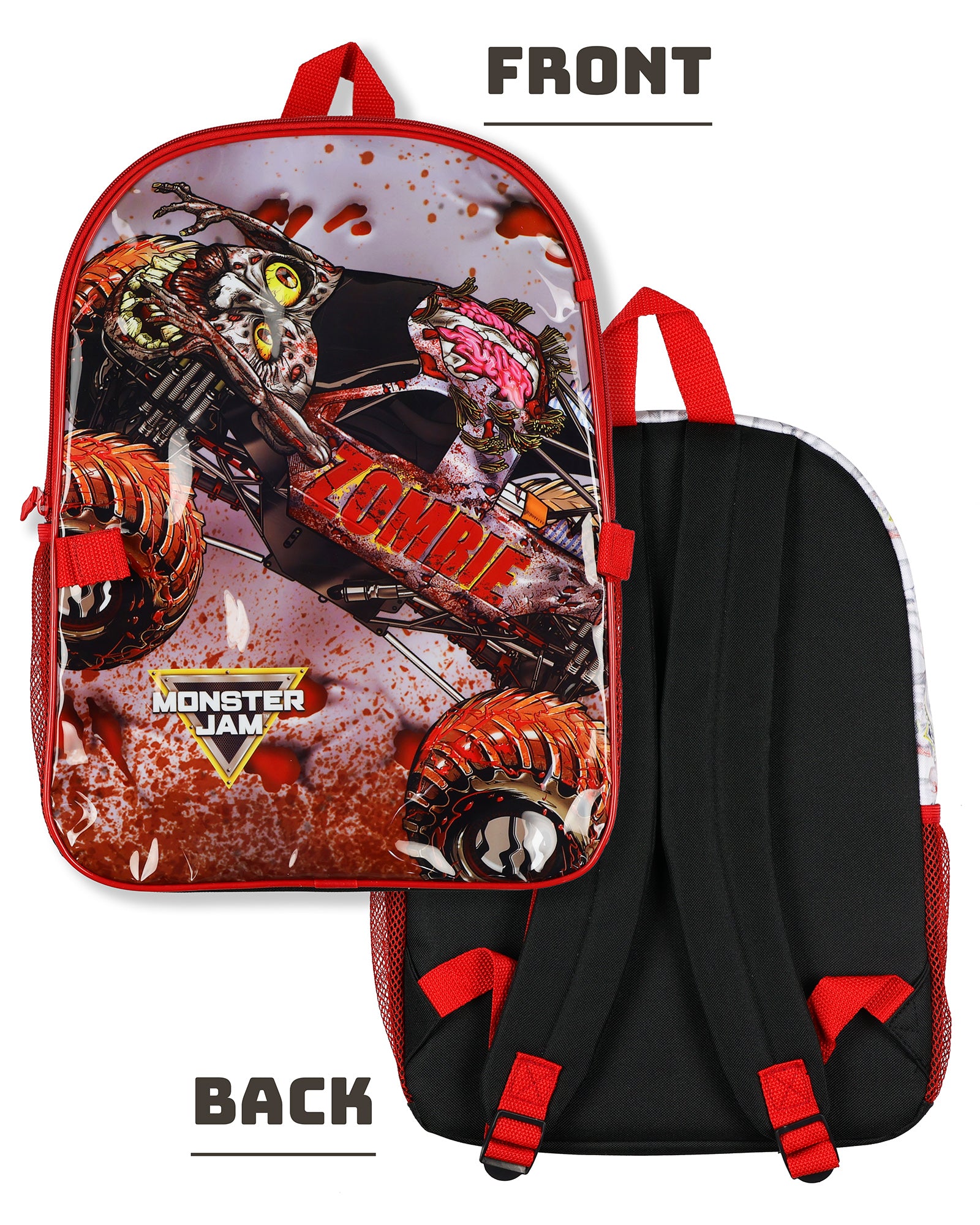 Monster Jam Zombie 5-Piece 16" Backpack Set with Detachable Lunch Box Book Bag