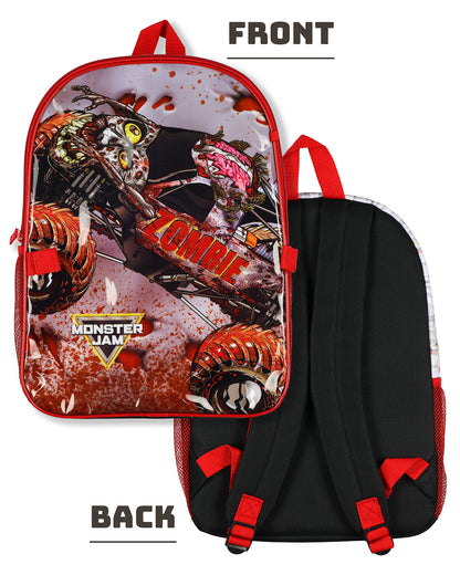 Monster Jam Zombie 5-Piece 16" Backpack Set with Detachable Lunch Box Book Bag
