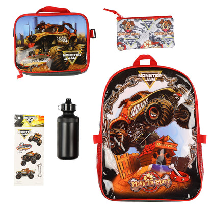 Monster Jam Monster Mutt 5-Piece 16" Backpack Mega Set with Detachable Lunch Box