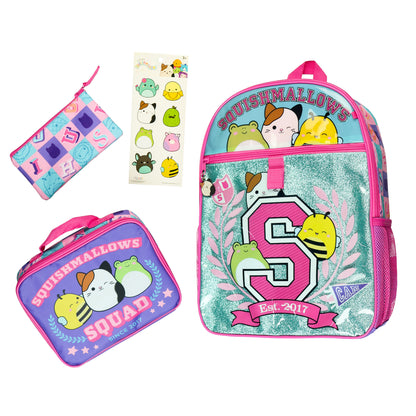Squishmallows Backpack 16" Squad 5 Piece Set Bookbag with Detachable Lunch Box