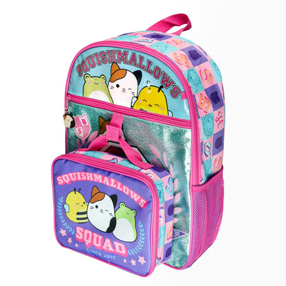 Squishmallows Backpack 16" Squad 5 Piece Set Bookbag with Detachable Lunch Box