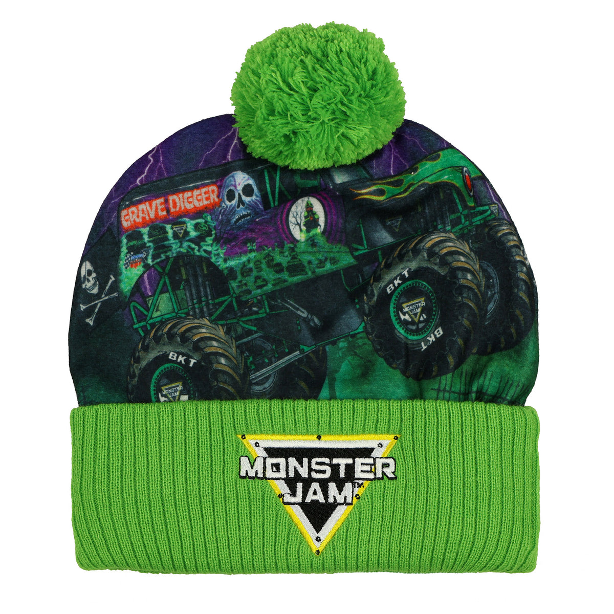 Monster Jam Grave Digger Beanie Pom Pom Knit Hat with Flannel Overlay