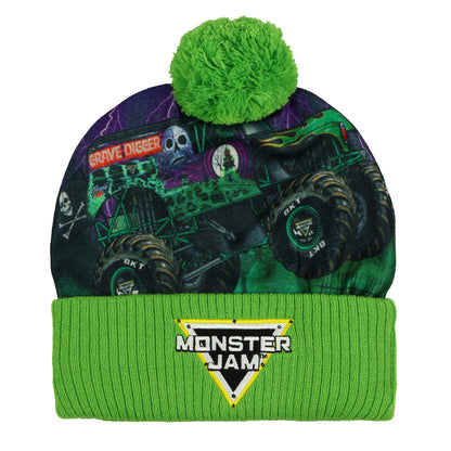 Monster Jam Grave Digger Beanie Pom Pom Knit Hat with Flannel Overlay