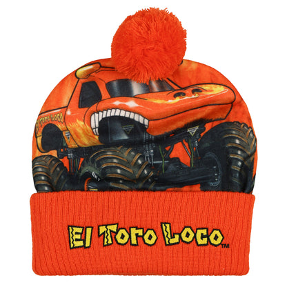 Monster Jam El Toro Loco Beanie Pom Pom Knit Hat with Flannel Overlay