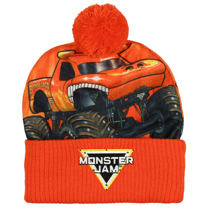 Monster Jam El Toro Loco Beanie Pom Pom Knit Hat with Flannel Overlay