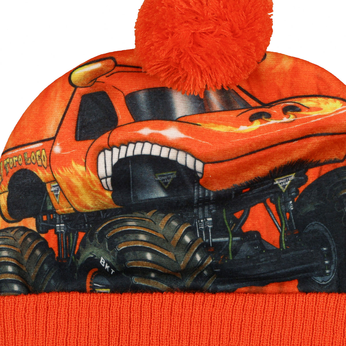 Monster Jam El Toro Loco Beanie Pom Pom Knit Hat with Flannel Overlay