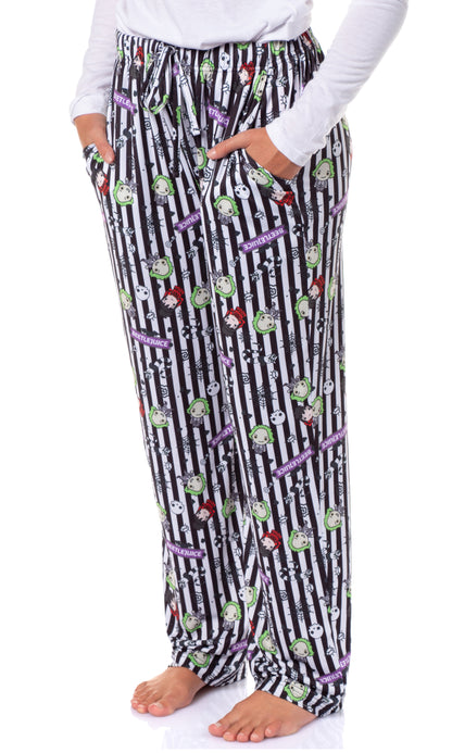 Beetlejuice Movie Women's Halloween Chibi Tossed Print Sleep Pajama Pants For Adults