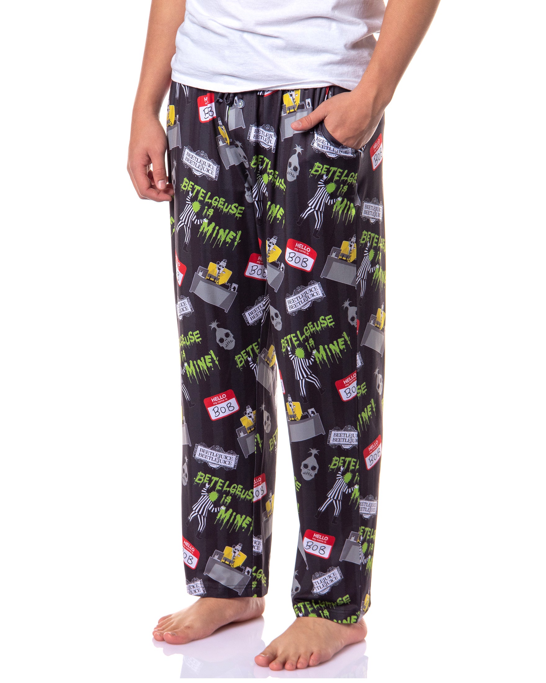 Beetlejuice Men's Hello My Name is Bob Tossed Print Sleep Pajama Pants