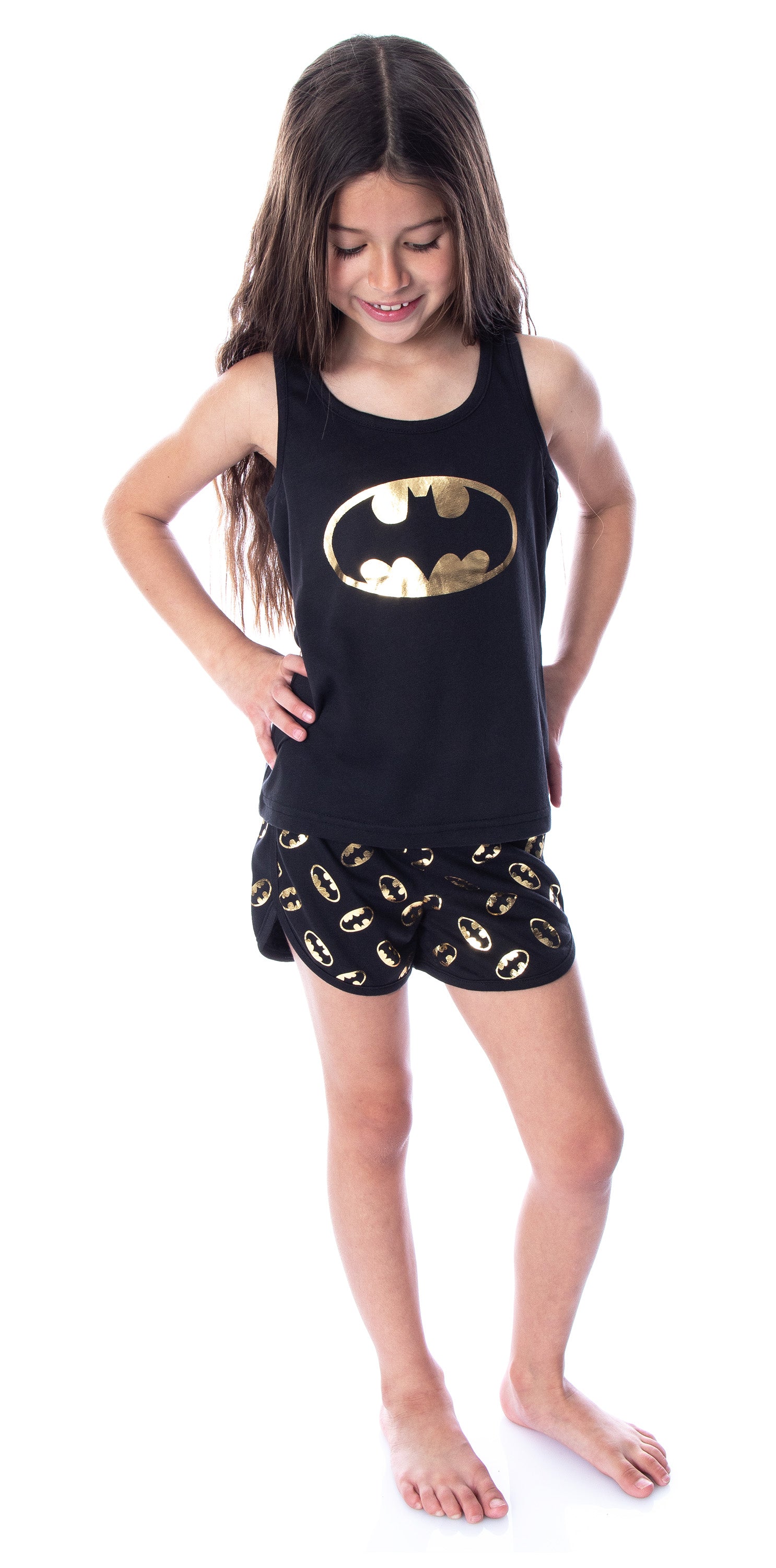 DC Comics Girls' Batman Gold Foil Logo Racerback Tank and Shorts Loungewear Sleep Pajama Set