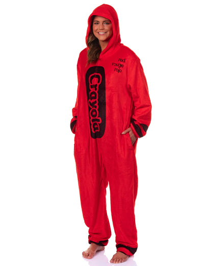 Crayola Crayon Union Suit Adult Hooded Costume One Piece Pajama for Men and Women (Red, XXS/XS)