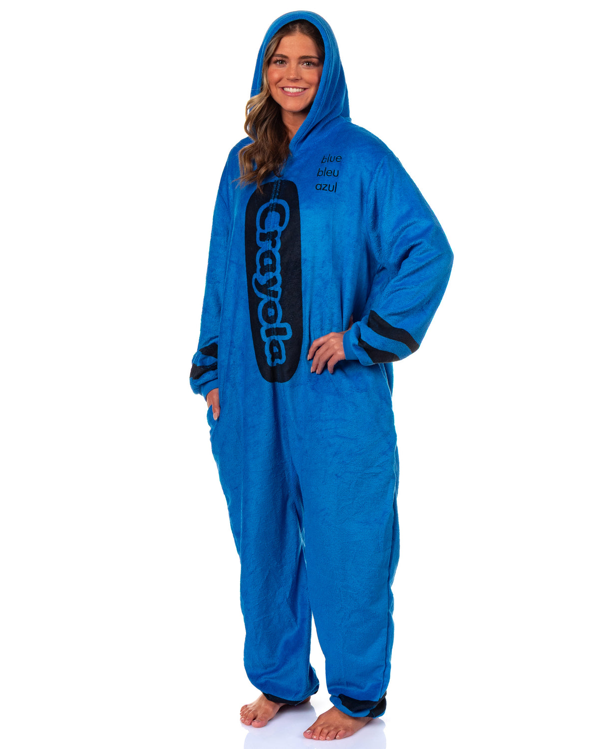 Crayola Crayon Union Suit Adult Hooded Costume One Piece Pajama for Men and Women (Blue, 2XL/3XL)