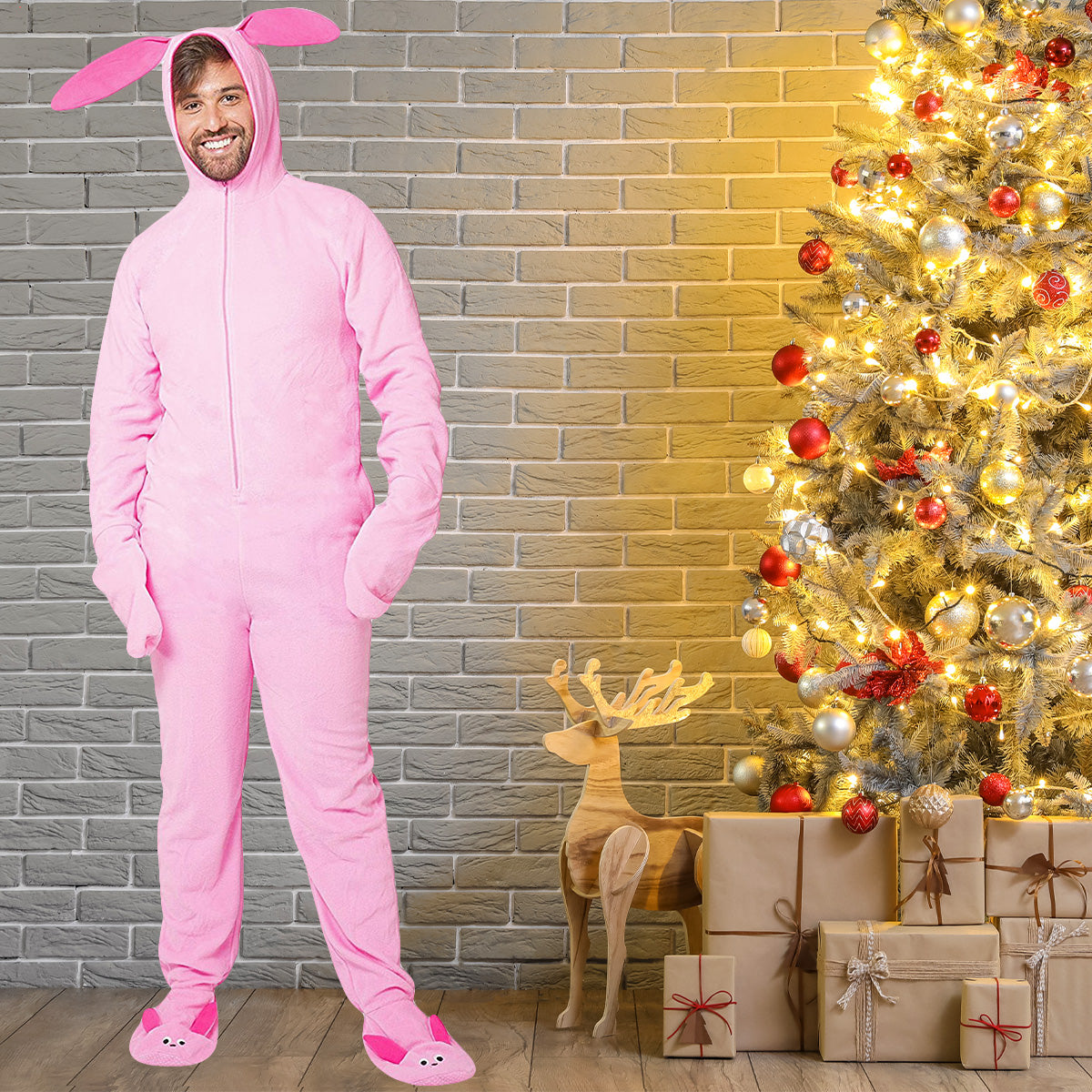 INTIMO A Christmas Story Men's Ralphie Deranged Pink Bunny Suit Hooded Costume Union Suit