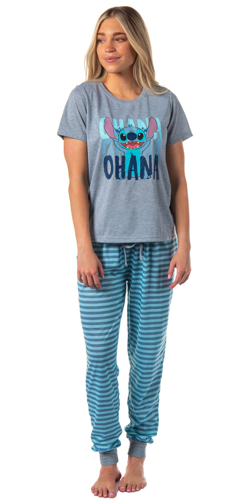 Disney Women's Lilo & Stitch Ohana Striped Jogger Sleep Pajama Set For Adults
