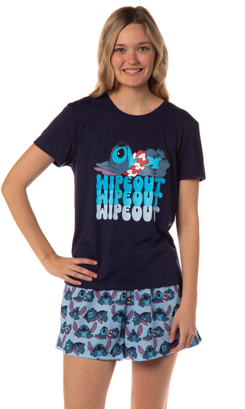 Disney Womens' Lilo & Stitch Wipeout Short Sleeve and Short Sleep Pajama Set