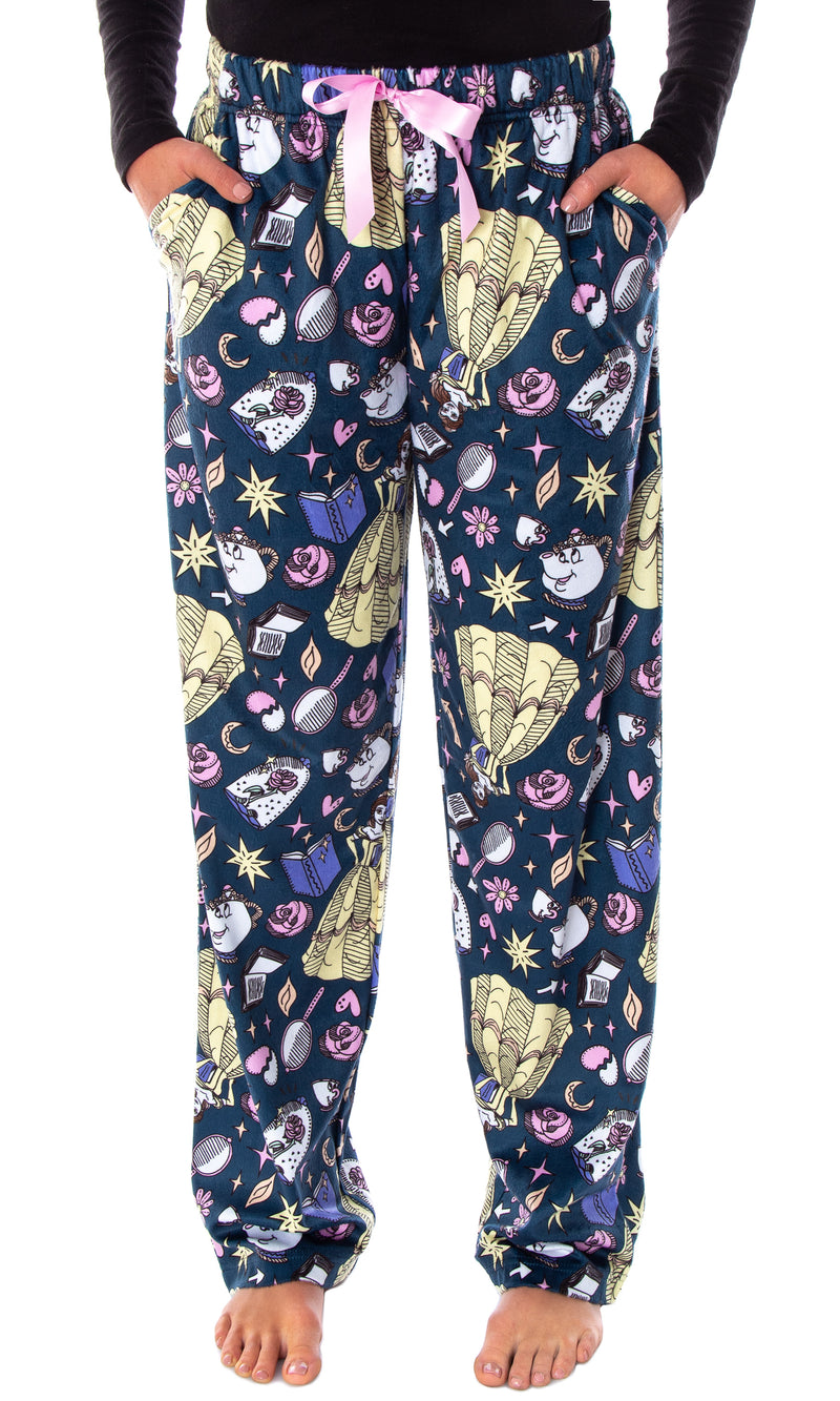 Disney Princess Women's Beauty And The Beast Allover Design Smooth Touch Fleece Sleep Bottoms Lounge Pajama Pants
