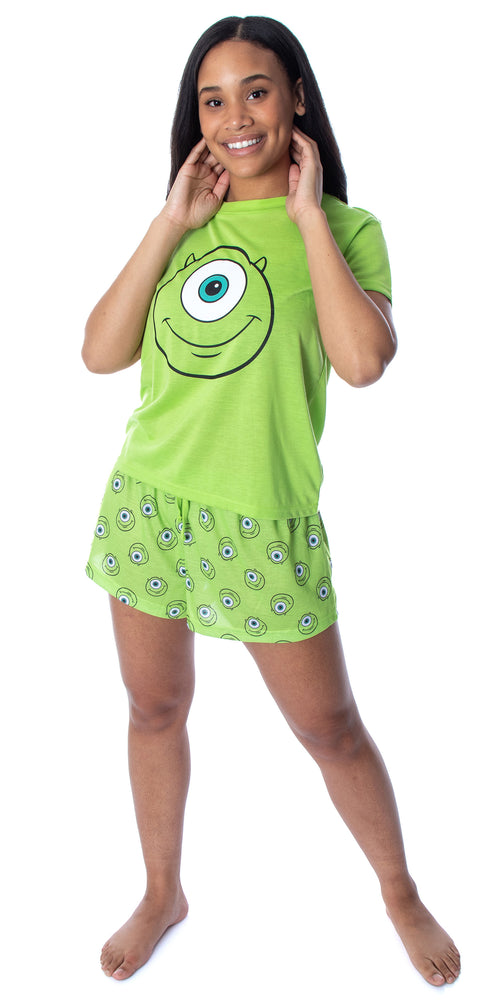 Disney Women's Monsters Inc. Mike Wazowski Shirt Top and Sleep Shorts Loungewear 2 Piece Pajama Set